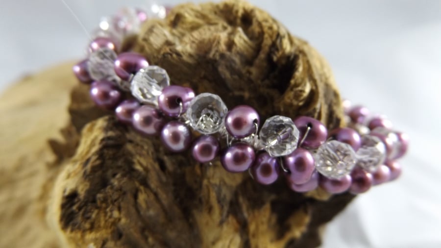 Plum cultured pearl and crystal wire wrapped bracelet