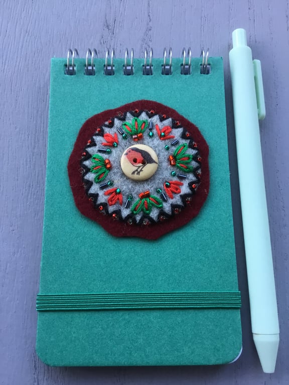 Hand Embroidered Robin Notebook and Pen Set