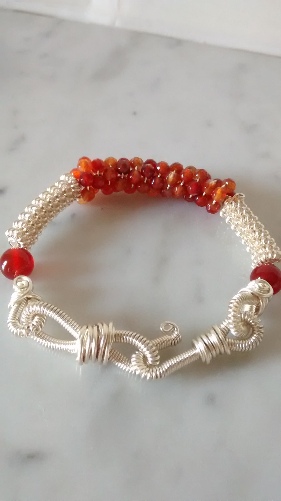 CARNELIAN AND SILVER BRACELET - COIL WIRE BRACELET - FREE UK SHIPPING