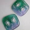 Handmade pair of cast glass buttons - Square viola jelly