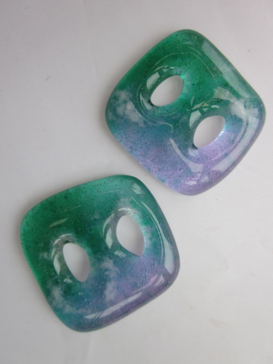 Handmade pair of cast glass buttons - Square viola jelly