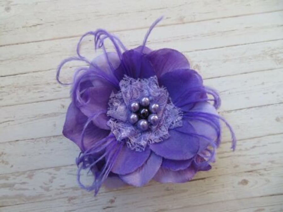 Purple Rose Lace & Pearl Hair Clip Fascinator Retro Rockabilly Wedding Gift 