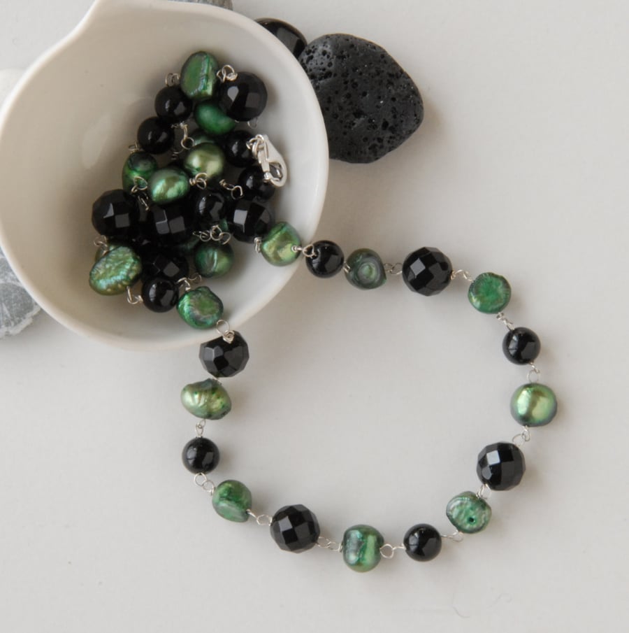 Black Onyx and Green Cultured Fresh Water Pearl silver necklace