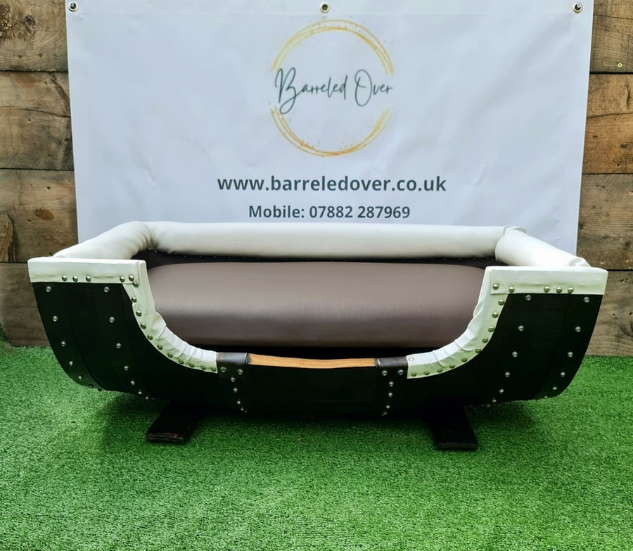 Handmade Luxury padded whiskey barrel dog bed made to order