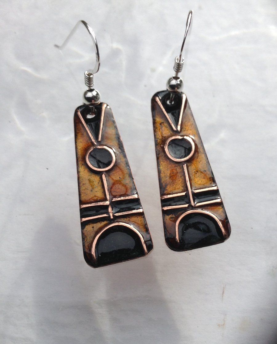 Enamelled copper earrings with sterling hooks - Tribal design