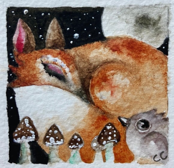 ACEO Original Resting Fox and Bird with Mushrooms in Moonlight Watercolour 