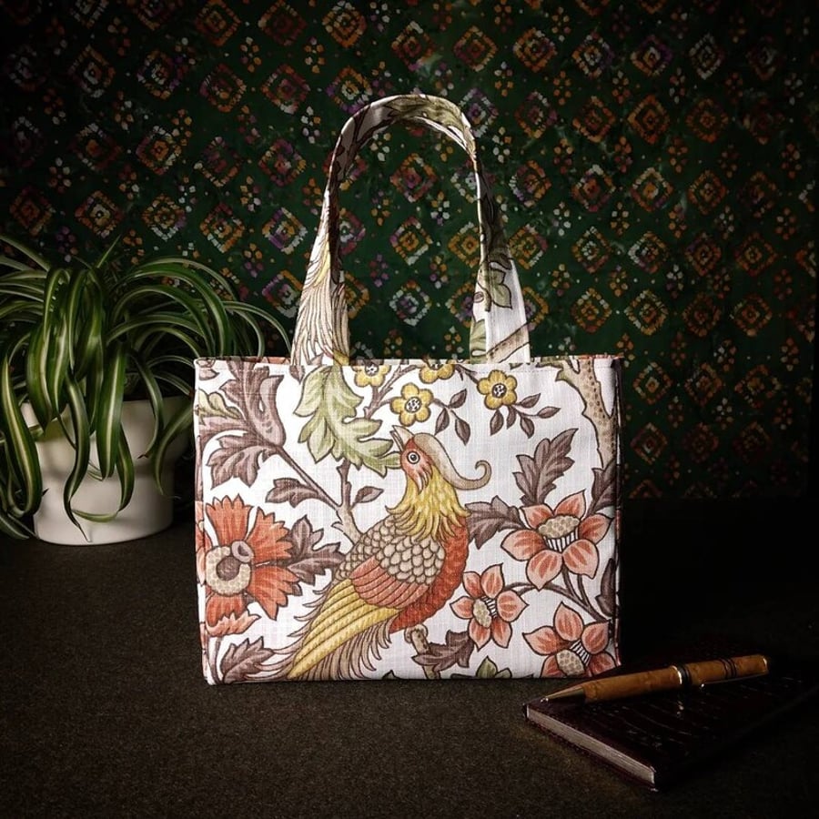 Mini Fabric Tote Bag - Pheasants on Natural