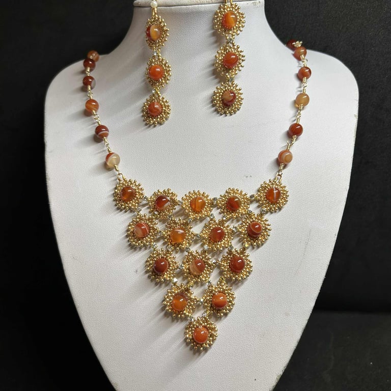 Agate Cascade Gemstone, seed bead and Crystal necklace and earrings set