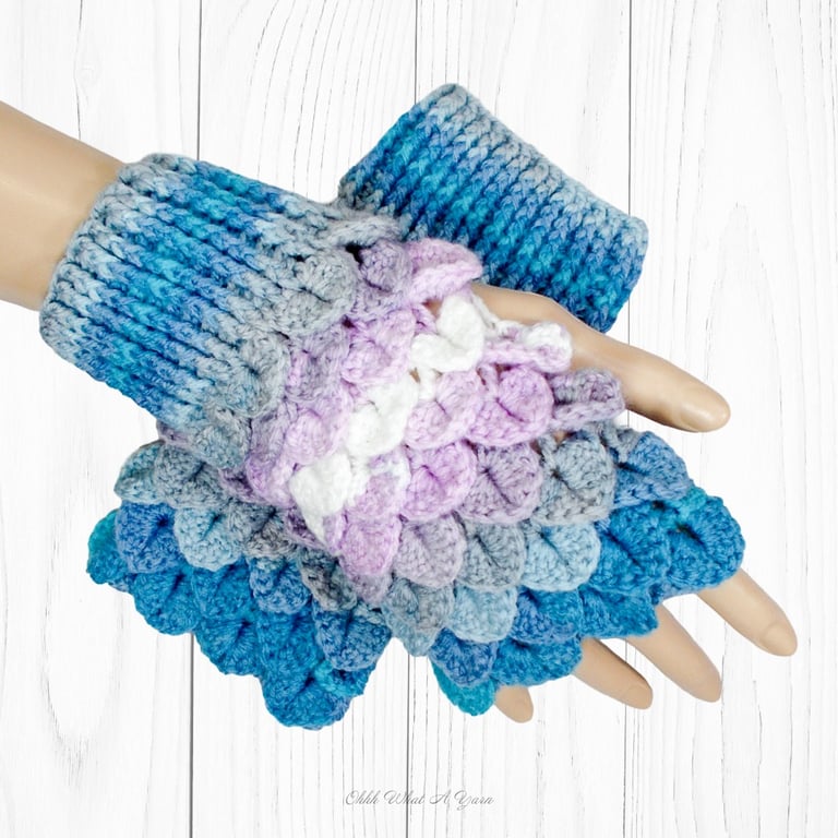 Crochet gloves. Blue, grey and lilac dragon scale gloves. Fingerless gloves. 