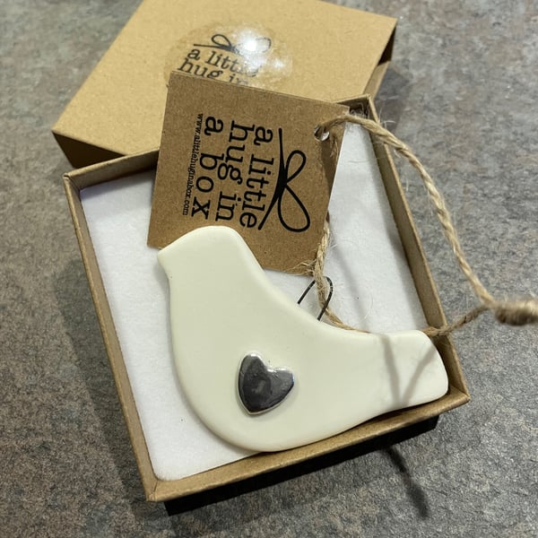 A Little Hug in a Box Silver Heart Dove Christmas Decoration