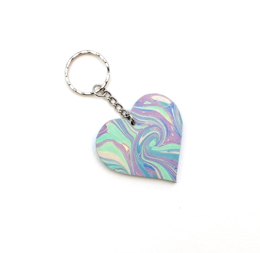 Marbled paper and wooden heart keyring bag charm silver, blue and purple 