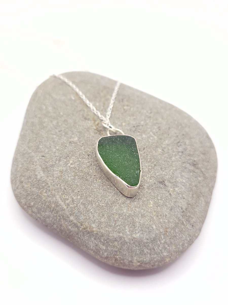 Vibrant Green Seaglass and Sterling Silver Pendant