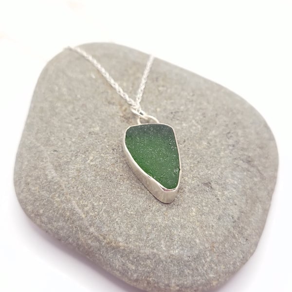 Vibrant Green Seaglass and Sterling Silver Pendant