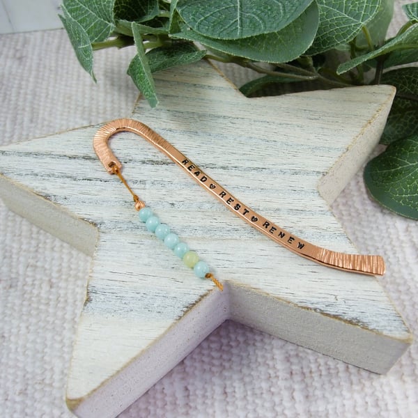 Bookmark, Forged and Stamped Copper, Amazonite and Lemon Jade
