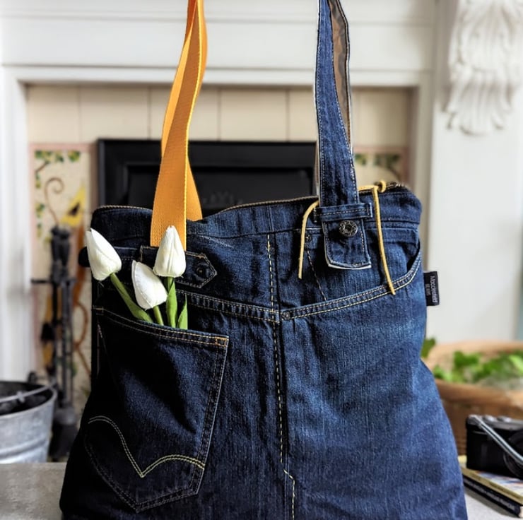Recycled Denim Zipped Large Shoulder Tote Bag Floral Lining