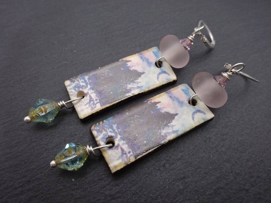sterling silver earrings, ceramic and purple lampwork glass forest jewellery