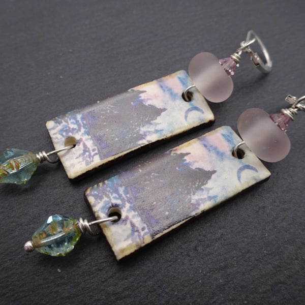 sterling silver earrings, ceramic and purple lampwork glass forest jewellery