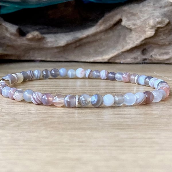 Dainty Genuine Botswana Agate Bracelet, 4mm Tiny Bead Stretch Bracelet