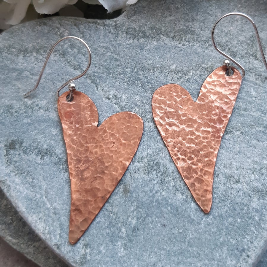  Copper Heart Earrings With Argentium Silver Ear Wires 