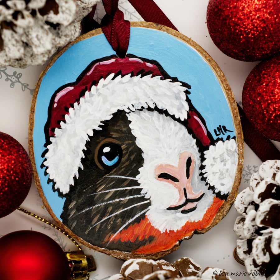 Festive Guinea Pig - Hand Painted Wooden Christmas Tree Decoration