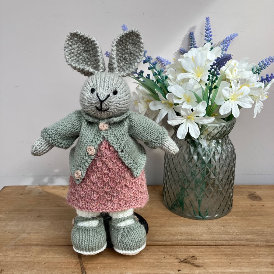 Hand Knitted Rabbit in pink textured dress