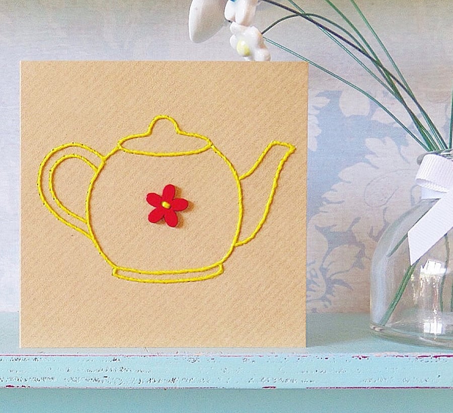 Yellow Teapot. Hand Sewn Card. Teapot Card. Mothers Day Card. Blank Card. 