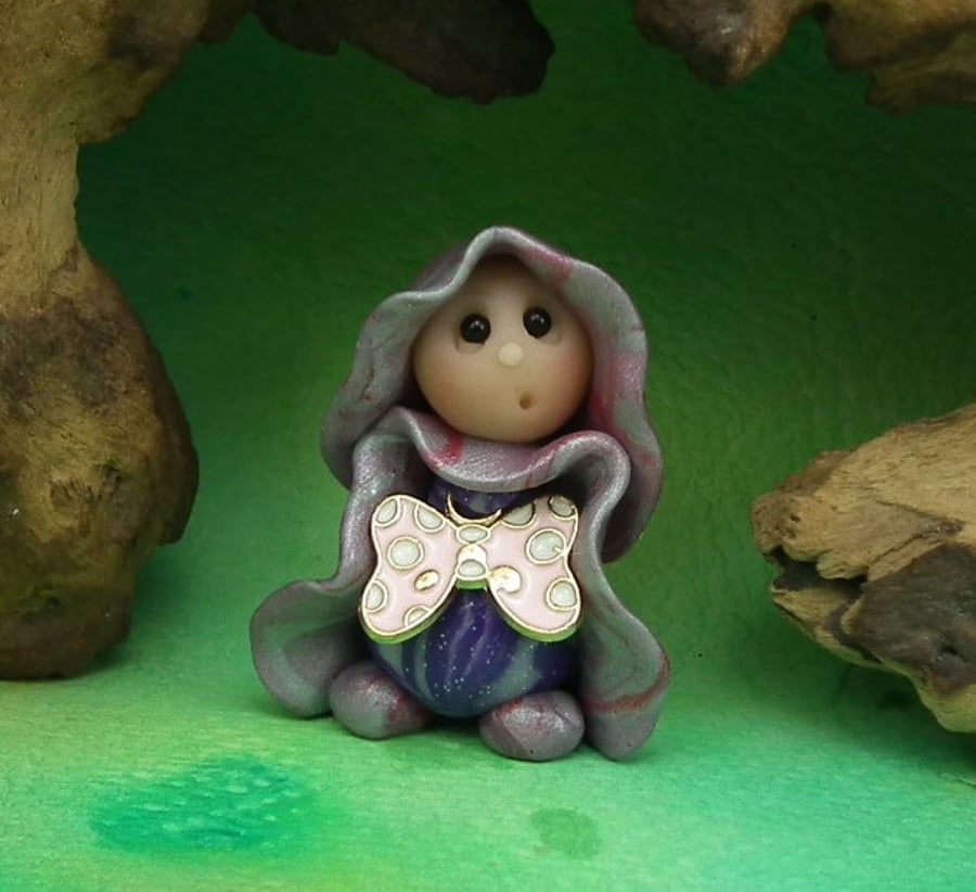 Tiny Garden Gnome 'Rula' with pink butterfly OOAK Sculpt by Ann Galvin