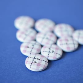 15mm Wooden Tartan Plaid Buttons Pink, White & Black 10pk Checked Check (SCK8)