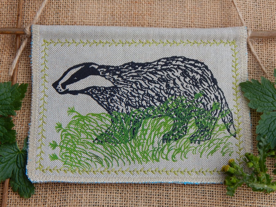 Reserved for Helen - Badger - screen printed hanger - green stitching