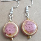 silver plated earrings with salmon pink ceramic flat circle beads hypoallergenic