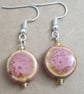 silver plated earrings with salmon pink ceramic flat circle beads hypoallergenic