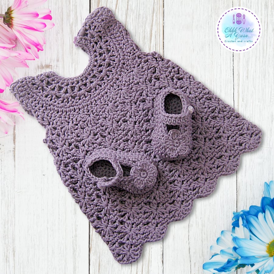 Crochet cotton lacy baby dress and shoes. Baby sun dress. 0-3 months