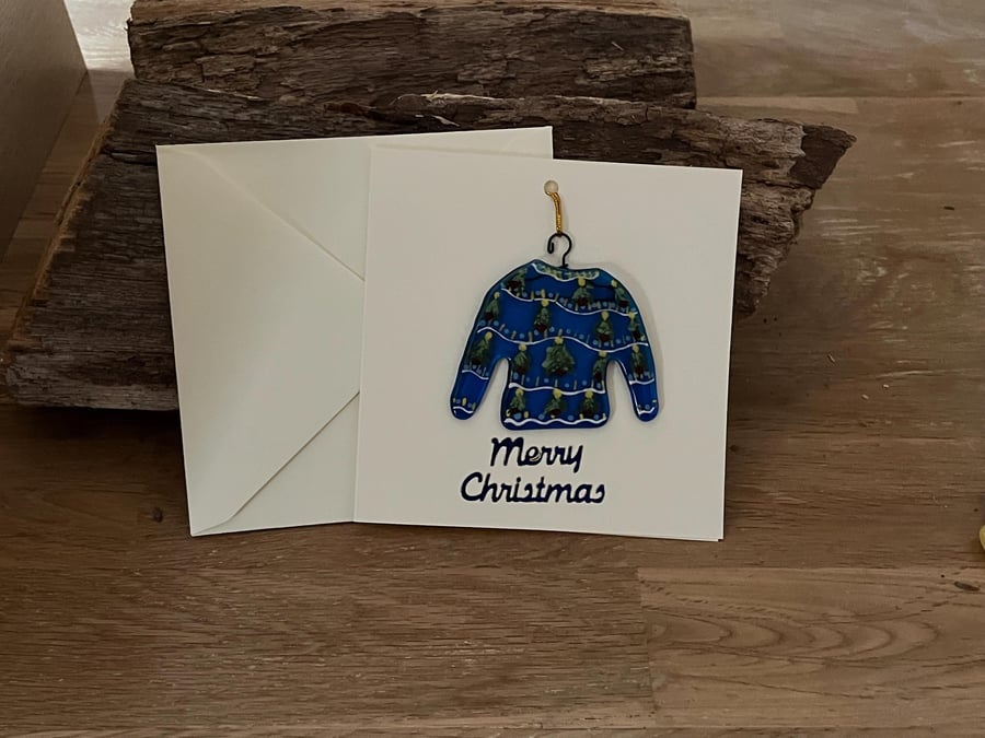Handmade Detachable Keepsake, Fused Glass Festive Jumper Christmas Card