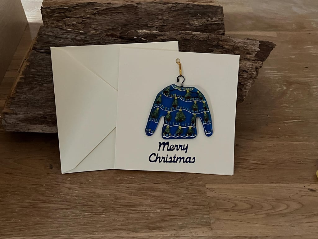 Handmade Detachable Keepsake, Fused Glass Festive Jumper Christmas Card