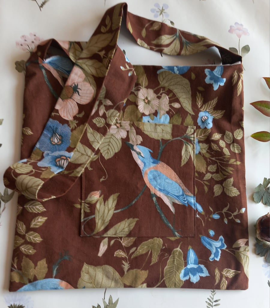  long handled floral bird cotton linen bag