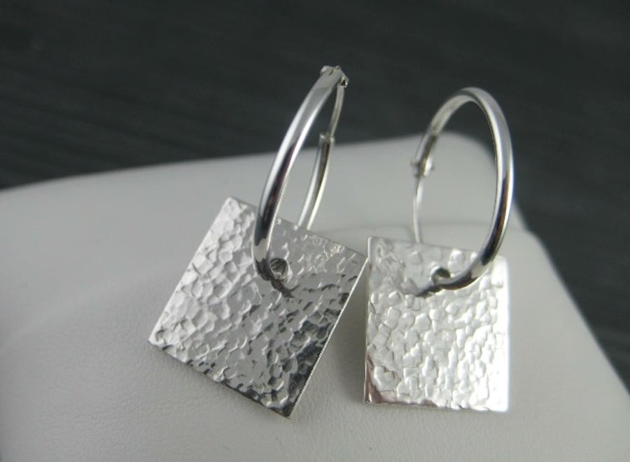 Sterling Silver Hammered Textured Square Earrings - Handmade By CMcB Jewellery