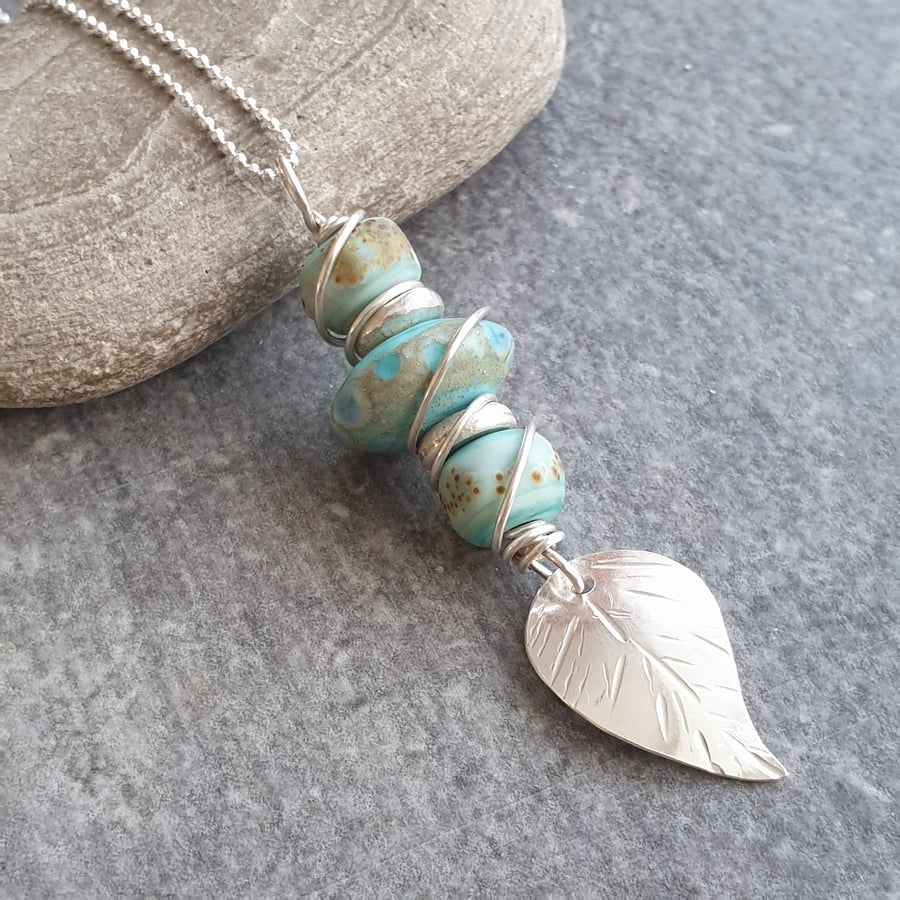 Silver and turquoise glass leaf pendant, Nature themed gift