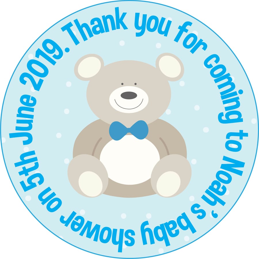 Baby Shower Personalised Teddy Bear Circle GLOSSY Labels x 15