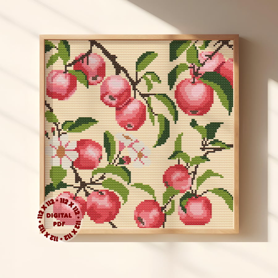 Apple Branches Cross Stitch Pattern (Needlepoint Compatible), Instant Access PDF