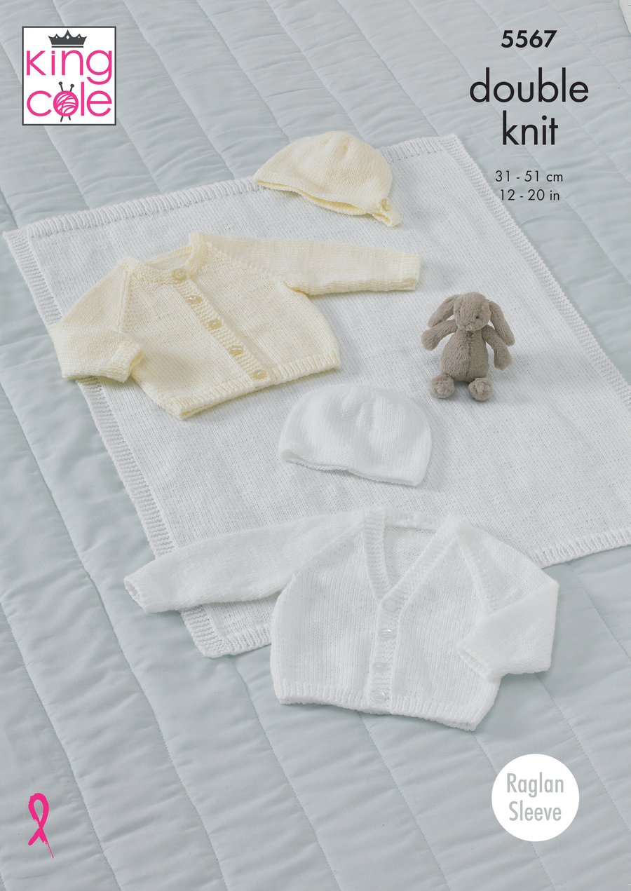 King Cole Babies Raglan Cardigan, Hat, Bonnet & Blanket Knitting Pattern 5567 - Double Knit King Cole Babies Raglan Cardigan, Hat, Bonnet & Blanket Knitting Pattern 5567 - Double Knit