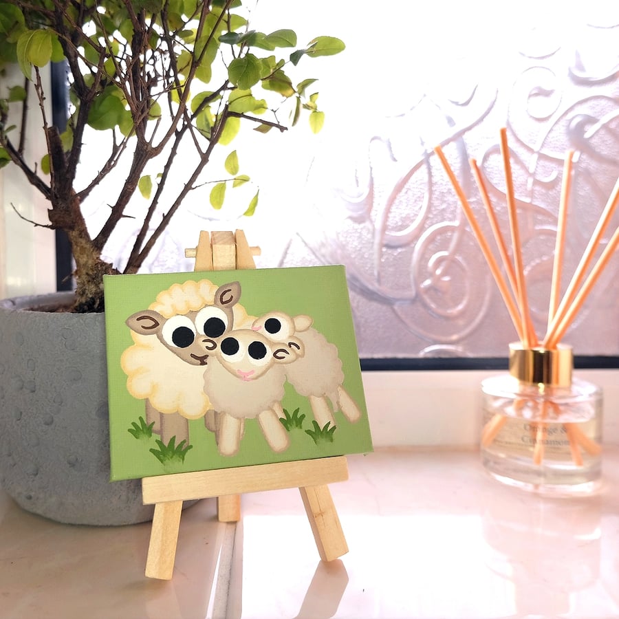 Sheep and Lambs Cute Spring Painting on Miniature Canvas - Mother's Day Gift