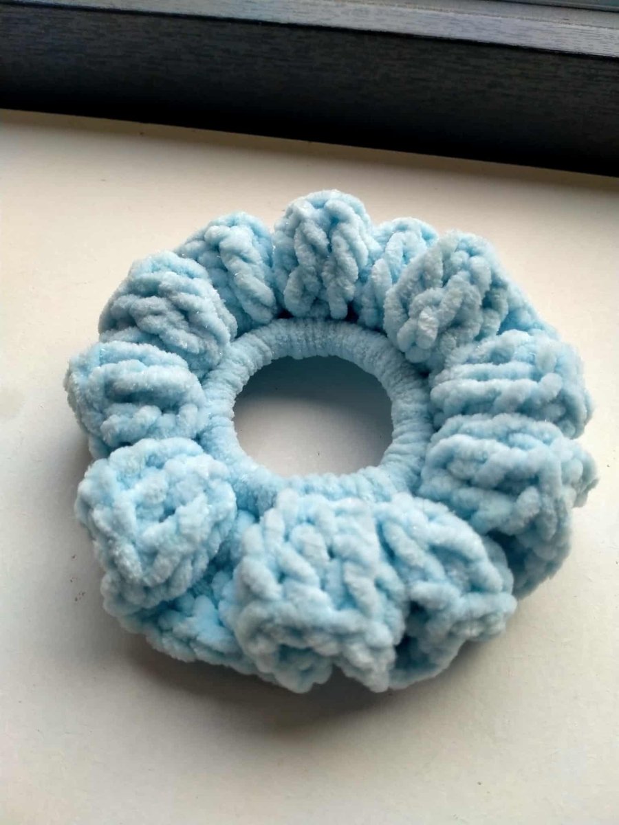 Handmade Baby Blue Subtle Sparkle Crocheted Ruffle Scrunchie