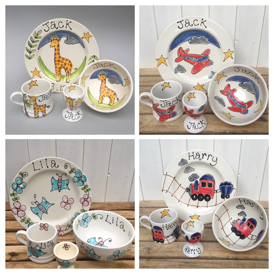 Personalised Hand-Painted Children’s Dinner Set – Plate, Bowl, Mug, Egg Cup