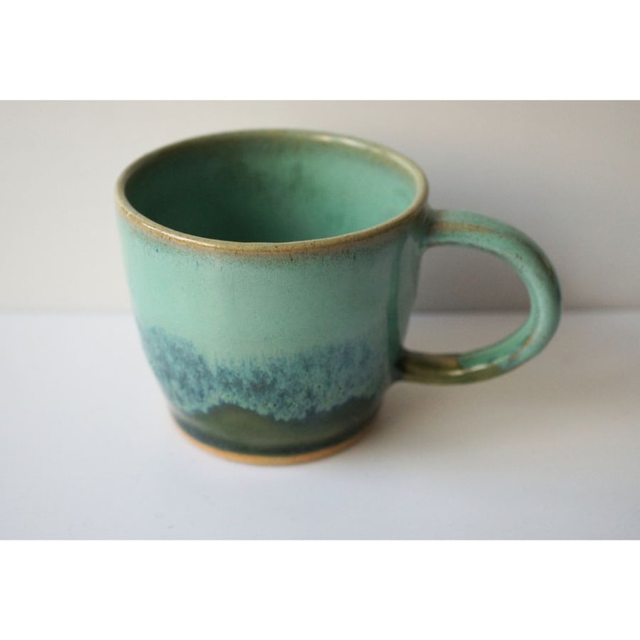 Green two-tone handmade pottery mug 8cm x 8.5cm
