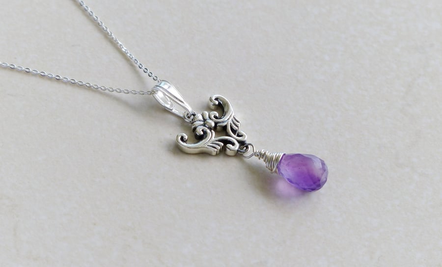 Amethyst gemstone drop pendant, sterling silver necklace, February Birthstone