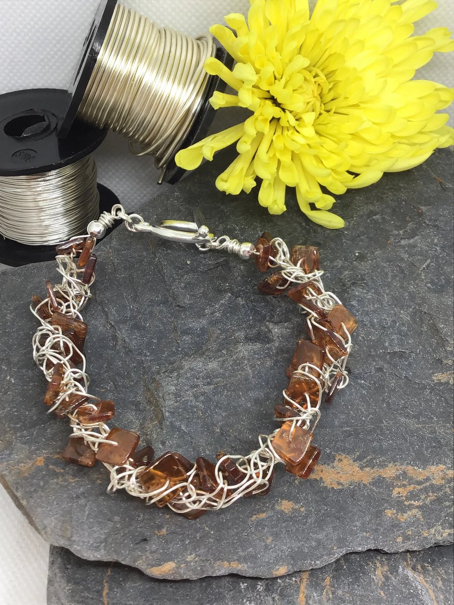Hessonite Garnet Wire Crochet Bracelet