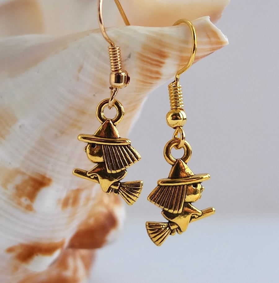 Halloween Earrings - Witch On Broomstick - Free UK Delivery.