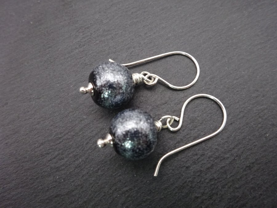 lampwork glass black glitter earrings, sterling silver jewellery