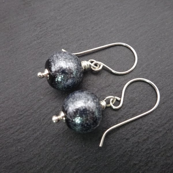 lampwork glass black glitter earrings, sterling silver jewellery