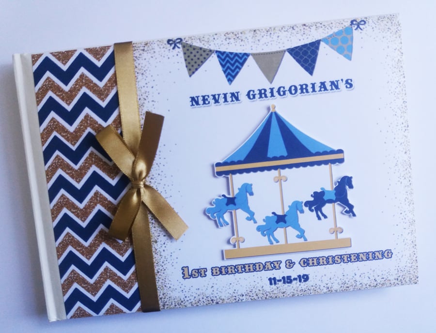 Vintage carousel boy birthday guest book, Carnival blue and gold carousel